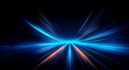 Obraz premium Abstract image with blue and orange light streaks radiating from a central point on a dark backdrop, creating a dynamic and futuristic effect.