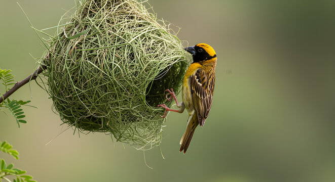 Southern masked weaver meticulously crafting its intricate hanging nest masterpiece