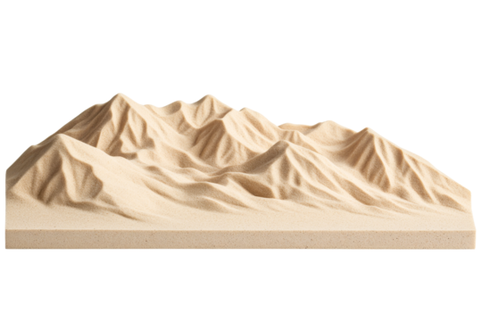 Mountainous model of land terrain, made of sand, cut out transparent