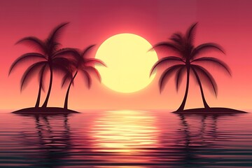Fototapeta premium Serene Tropical Sunset Scene Palm Trees on Island Paradise