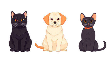 Labrador and two cats sitting in a row, cut out transparent