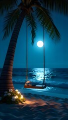 An evening beach scene features a swing and moonlit ocean waters