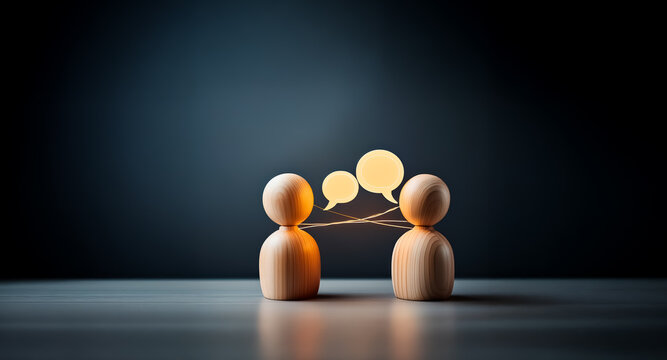 Wooden figures face each other with speech bubbles in between, against a dark backdrop, representing dialogue and interpersonal communication.
