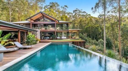 A luxurious modern home featuring a swimming pool in a forest setting