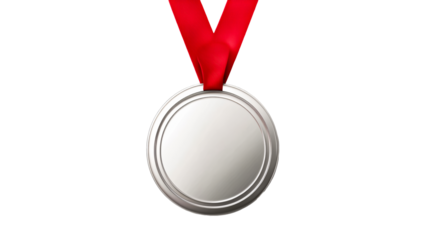 Shiny silver medal with red ribbon, achievement, cutout transparent
