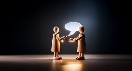 Obraz premium Two wooden figures stand facing each other in a dark space with a spotlight. A speech bubble floats between them, representing communication or conversation. The scene is simple and conceptual.