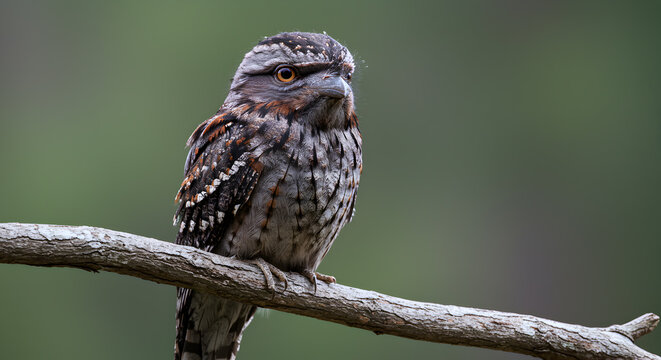 Portrait of Tawny Frogmouth camouflaged against the natural backdrop on a tree branch