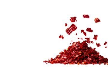 Crushed red pepper pile and flakes scattering, cut out transparent