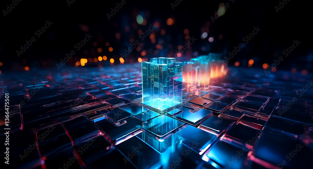 Poster abstract digital scene with a glowing cube on a reflective grid. bokeh lights add depth to the futur
