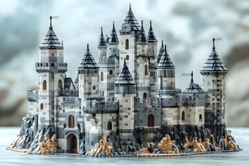 Obraz premium Castle made of gray bricks with a gray roof. The castle is surrounded by rocks and has a gray stone wall