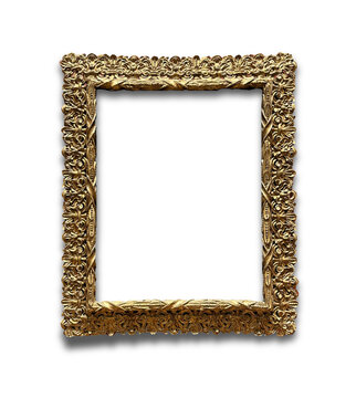 Ornamental gold vertical frame with an uneven edge. A vintage-inspired rectangular picture frame with an artistic and luxurious design. Ideal for elegant interiors and photography.