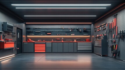 Well-organized garage workshop with tools and equipment. Use as background for industry, handyman services, or automotive ads.