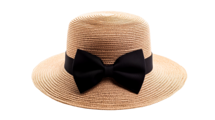 Summer Straw Hat with Black Bow on Black Background, cut out transparent