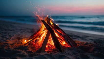 Campfire burns brightly on the beach at dusk near the ocean waves