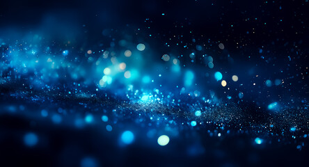 Obraz premium A dark blue cosmic scene with sparkling bokeh lights evokes a dreamy and celestial atmosphere, suggestive of a distant galaxy in the vast expanse of space.