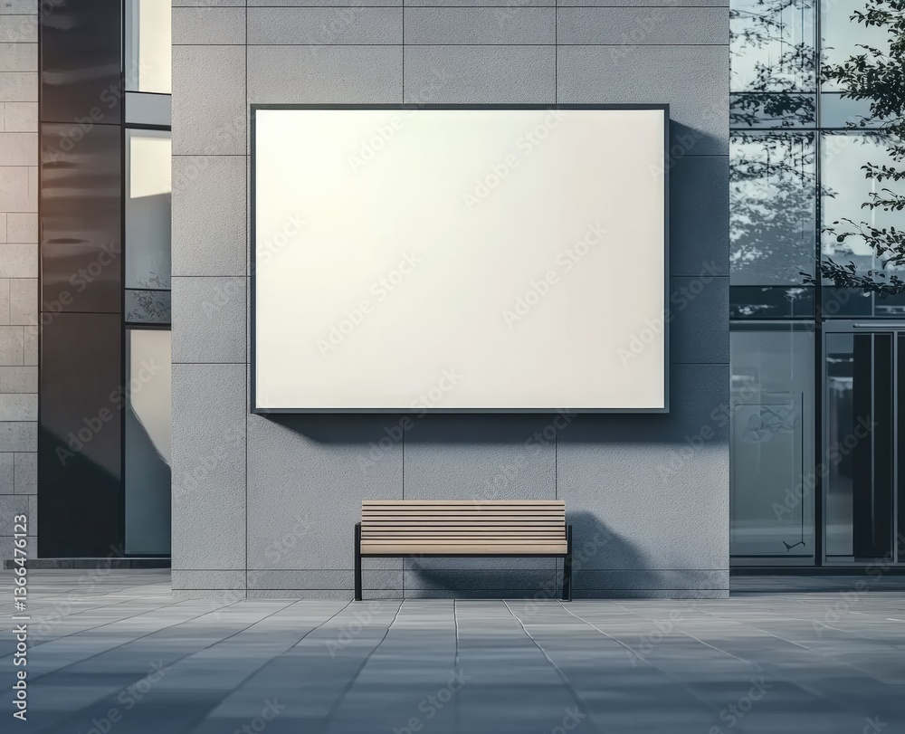 Poster blank billboard displaying on building wall with bench in urban area