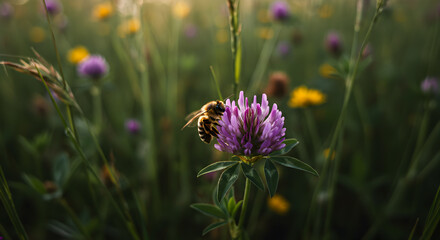 Honeybee gathering nectar from vibrant purple clover blossoms in sunlit meadow