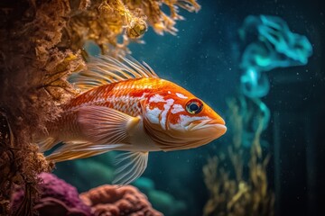 Fototapeta premium A vibrant tropical fish swims among colorful coral formations in a vibrant, lively coral reef underwater ecosystem.