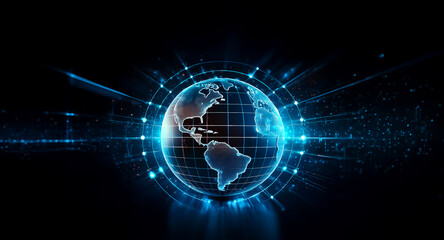 Fototapeta premium A digital globe with glowing blue network connections encircling it. Points and lines radiate outward, representing global communication and technology on a dark backdrop.