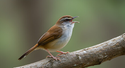 Tawny-flanked Prinia Vocalizing on a Branch in Natural Habitat Close Portrait