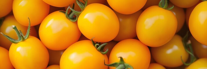 A close-up view of shiny yellow cherry tomatoes, ripe and fresh, showcasing their natural beauty.