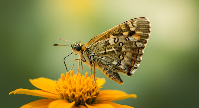 Close up of Tawny patterned skipper butterfly resting on a vibrant orange flower - Powered by Adobe