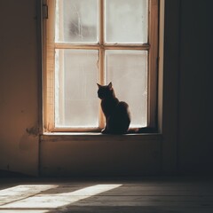 A solitary cat silhouette rests on a windowsill, capturing the essence of peace and quietude in soft light.