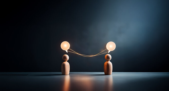 Two wooden figures face each other, light bulb speech bubbles above, joined by a glowing string against a dark backdrop, representing dialogue and connection.