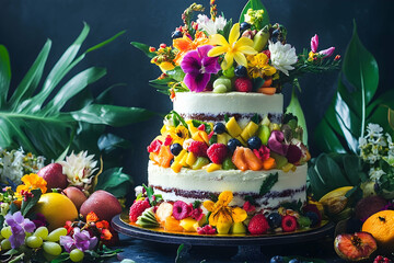 Exquisite celebration cake adorned with vibrant flowers and fresh fruits, a symphony of flavors and colors for memorable occasions