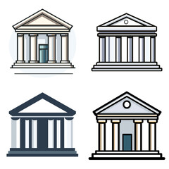 Obraz premium Set of classical building icons representing banks, museums, courthouses, and government institutions in clean, minimal, and professional flat design style.