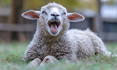 A Sheep Is Lying Down With Its Mouth Wide Open