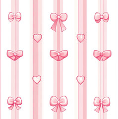 Seamless pattern featuring pink bows and hearts on vertical stripes, vector illustration, white background, pink color palette.