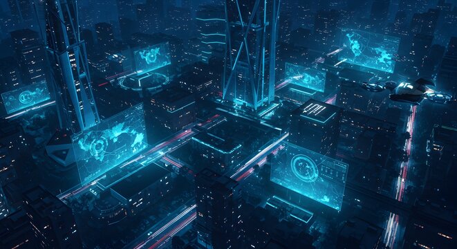 Futuristic Cityscape Smart City Neon Lights Aerial View Technology Digital Screens Flying Vehicle - Powered by Adobe