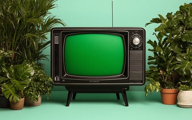 Retro TV Plants Mint Wall