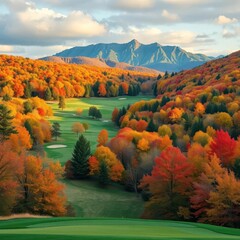 Crisp autumn air, vibrant foliage blankets a mountain golf course, relaxation, foliage