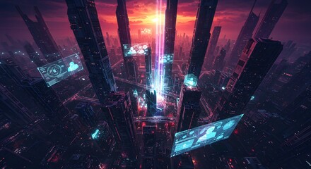 Futuristic Cityscape Neon Lights Smart Tech Data Streams Urban Skyline
