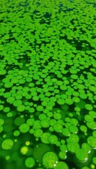 Dense green algal bloom covering water surface, water pollution, toxic