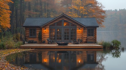 Obraz premium Autumn Cabin on a Misty Lake
