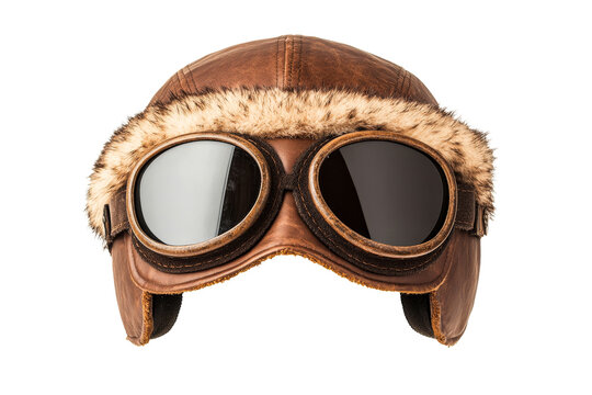 Brown fur pilot helmet with goggles, adventurer gear, vintage style, cut out transparent