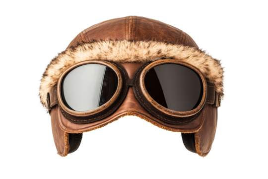 Brown fur pilot helmet with goggles, adventurer gear, vintage style, cut out transparent