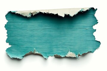 Fototapeta premium Torn aqua paper revealing wood texture for isolated on white background, abstract.