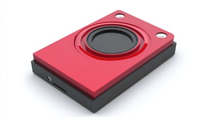 Fototapeta premium A modern red camera resting on a black rectangular base