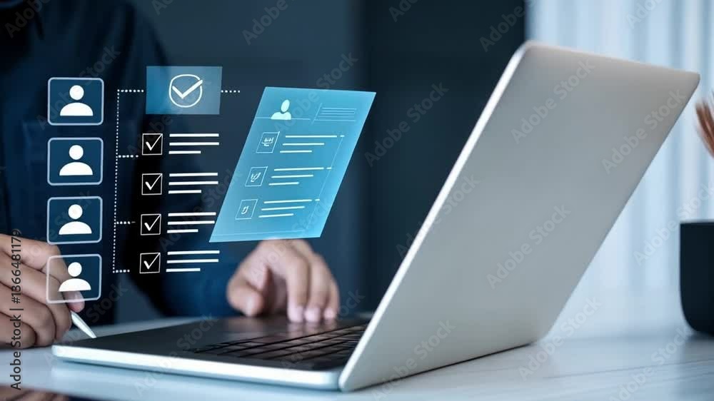 Poster Person using laptop with digital checklist and pen for online form completion process task