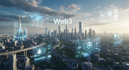 Futuristic Smart City Web3 Metaverse Skyline Technology Data Displays