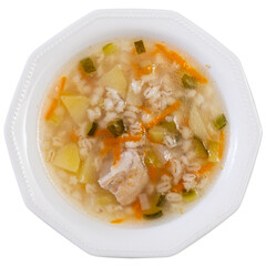 Popular Russian soup rassolnik with pickled cucumbers, brine and pearl barley served in plate. Isolated over white background