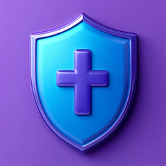 Fototapeta premium 3D icon representation of a blue shield featuring a plus symbol against a striking purple background, embodying a seamless fusion of security and care in a modern design