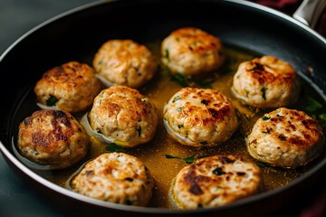 Fototapeta premium Delicious Pan-Fried Chicken Meatballs with Herbs