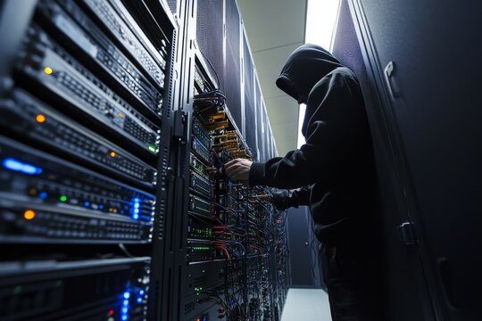 Hacker in server room, working on system
