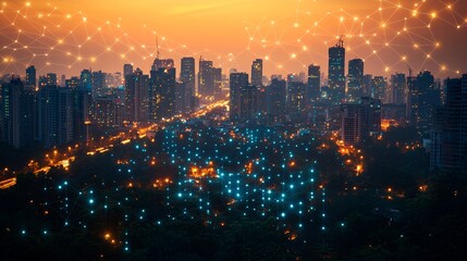 Fototapeta premium Cityscape at night, interconnected network