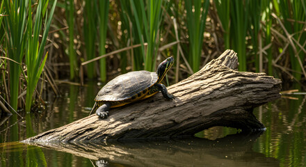 Obraz premium Tranquil turtle basking gracefully on a weathered log in a serene wetland habitat